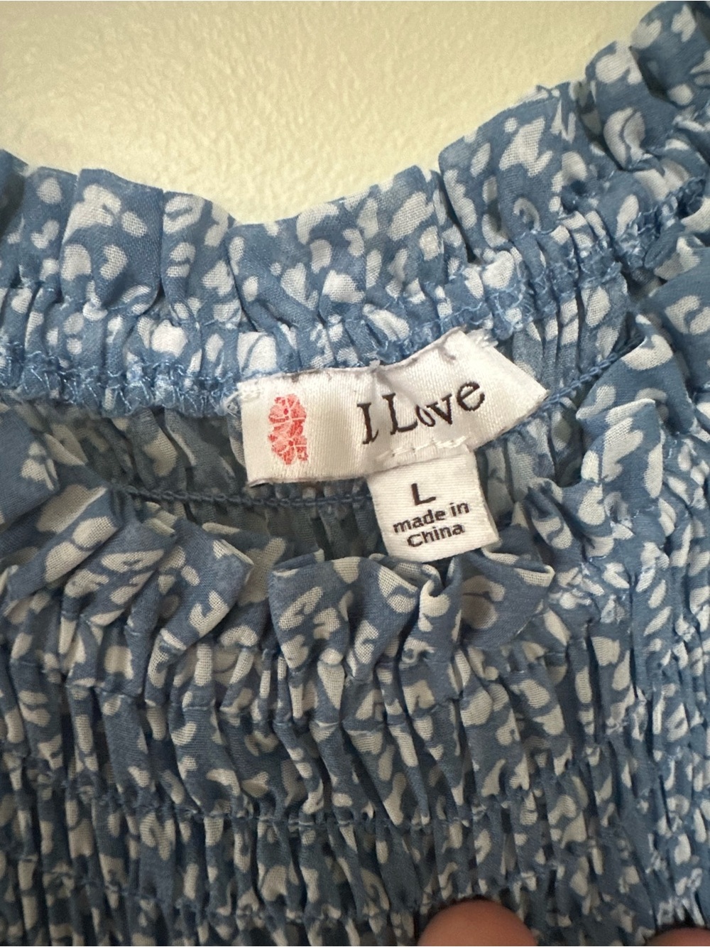 L Love Blue Printed Smocked-Neck Flutter Sleeve Blouse - Picture 5 of 7